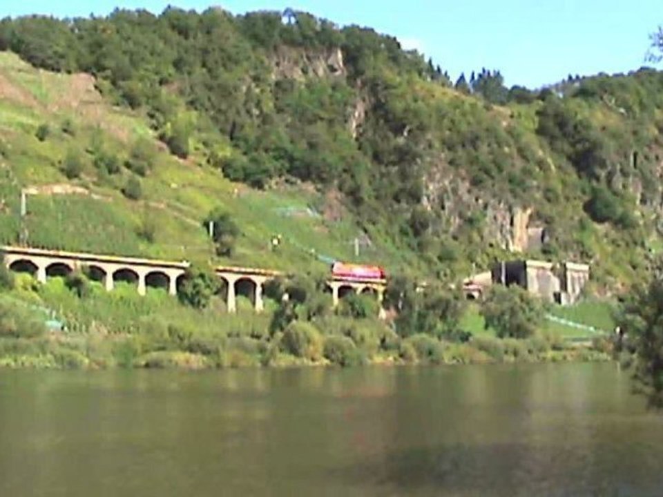 BR628, 2x BR185, BR143 und Moselschiff bei Pünderich