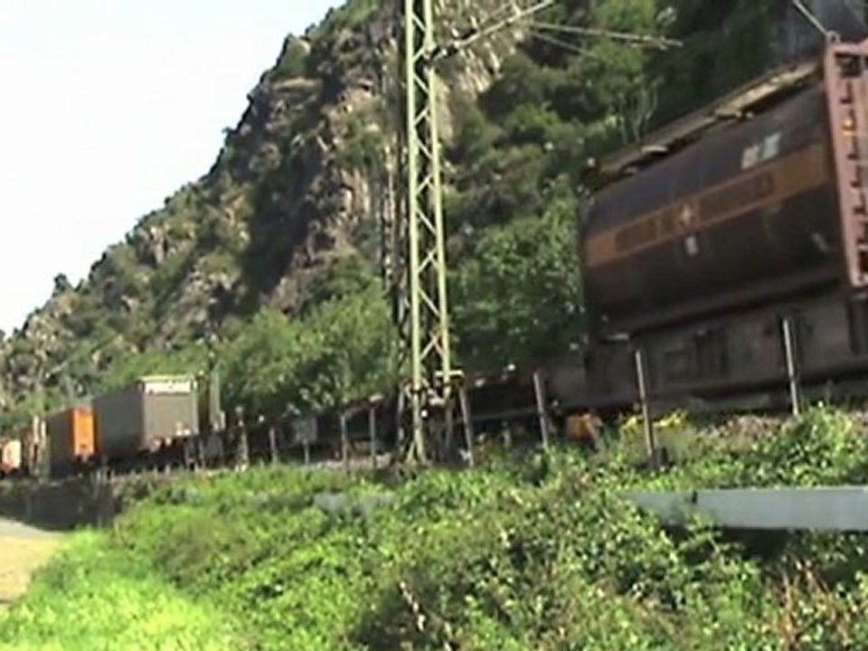 Diverse Züge rechte Rheinstrecke gegenüber Kammereck Tunnel mit Henkelzug und DP BR142