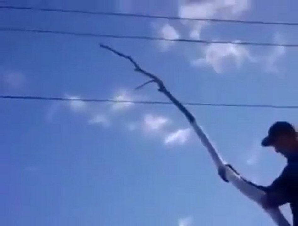 Toucher une ligne électrique avec un bout de bois