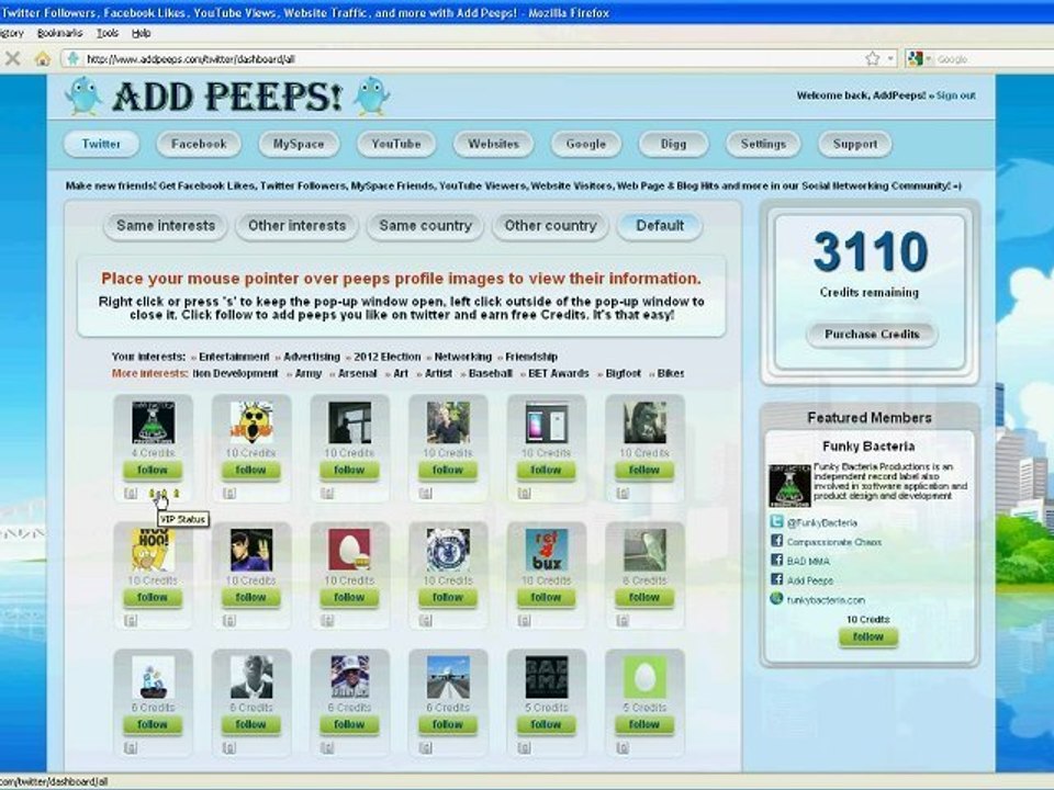 Add Peeps - The latest and greatest way to get free facebook likes, twitter followers, website hits, and more free!
