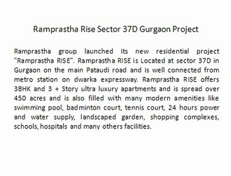 Ramprastha Rise Sector 37D Gurgaon |^9899606065^| Ramprastha Rise New Project Gurgaon