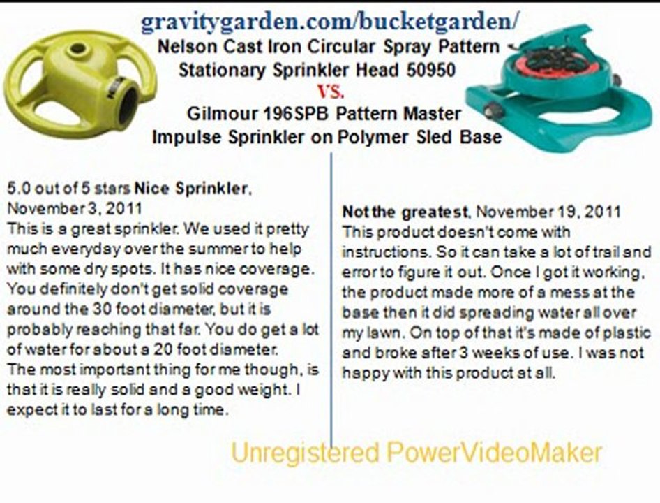 Nelson Cast Iron Circular Spray Pattern Stationary Sprinkler Head 50950 vs.Gilmour 196SPB Pattern Master Impulse Sprinkler on Polymer Sled Base