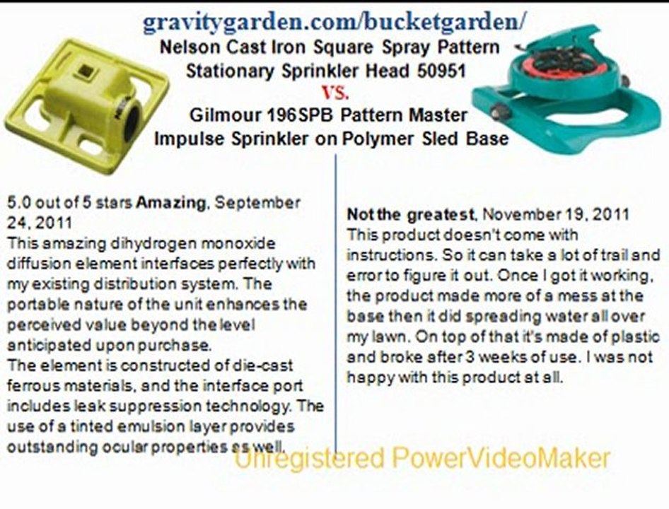 Nelson Cast Iron Square Spray Pattern Stationary Sprinkler Head 50951 vs.Gilmour 196SPB Pattern Master Impulse Sprinkler on Polymer Sled Base