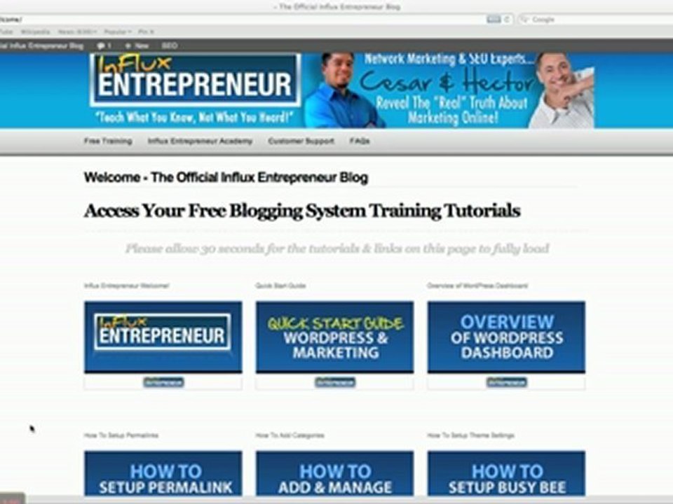 Overview of Wordpress Dashboard for Influx Entrepreneur
