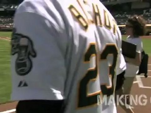 Jonah Hill Pitch at Oakland A's vs Detroit Tigers Game