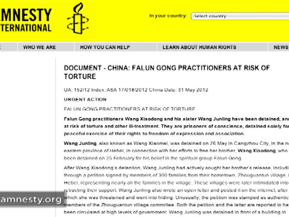 Amnesty International 'Urgent Action' for Falun Gong Practitioner and Sister