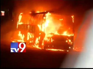 Travel bus catches fire at Ameerpet