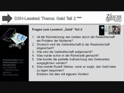 DSH Vorbereitung Lesetext Thema Geld Teil II S.02 Fragen