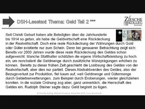 DSH-Kurs Lesetext Thema Geld Teil II S.01