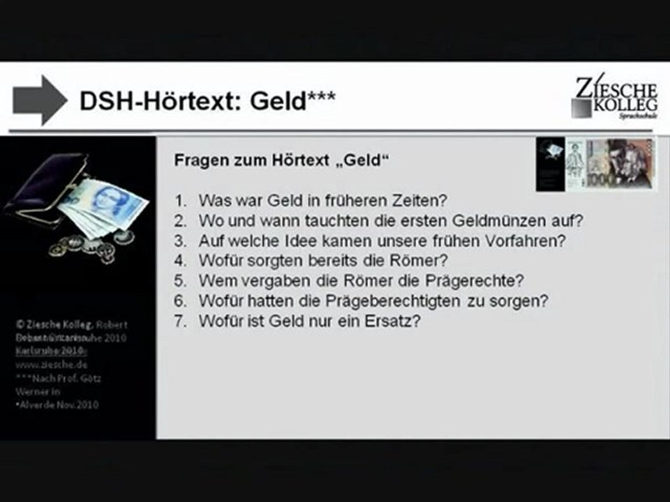 DSH Hörtext Geld Fragen zum Textverständnis