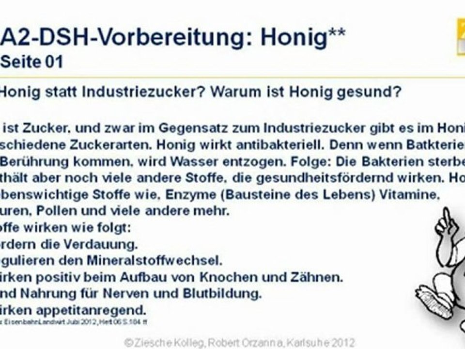 A2-DSH-Vorbereitung Leseverstehen Honig statt Industrie-Zuck