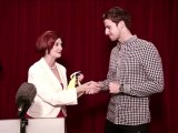 Prime Minister Juhoolia Gillard presenting James Magnussen with his lucky pair of Jac5 underwear