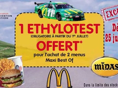 Éthylotest obligatoire à partir du 1er juillet 2012. Les restaurants Mc Donald’s de Carcassonne et Limoux offrent un éthylotest pour l’achat de deux menus Maxi Best Of :