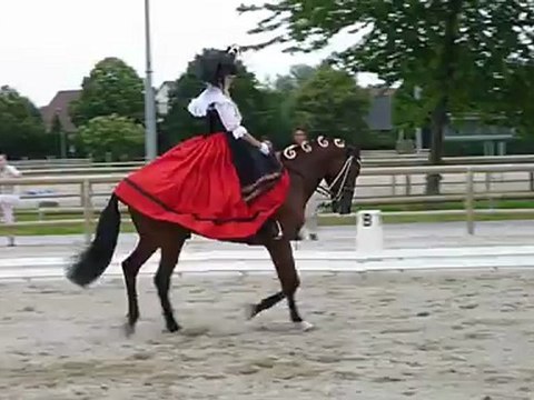 Equitation reprise de dressage d'une alsacienne en costume de tradition