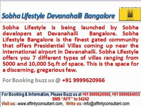 Sobha Lifestyle Bangalore 09999620966,Sobha Lifestyle Devanahalli,Sobha Developer Bangalore