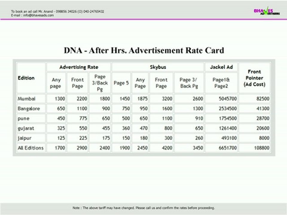 DNA After Hrs Advertisement Rate Card - Bhaves Advertisers