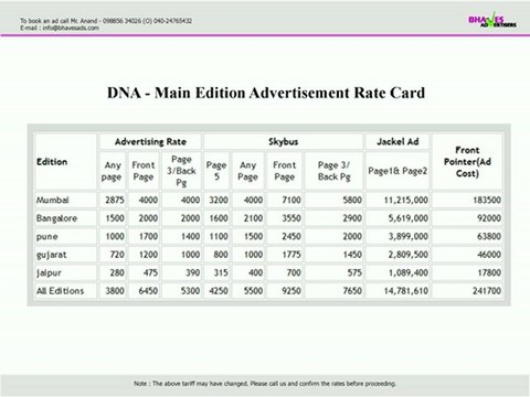 DNA Main Edition Advertisement Rate Card - Bhaves Advertisers