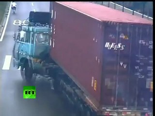 CCTV: Narrow escape for driver as truck smashes scooter in China