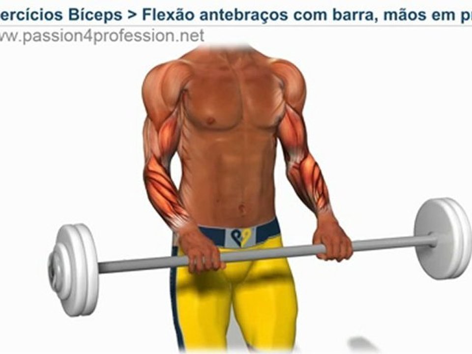 Flexão dos antebraços com barra, mãos em pronação