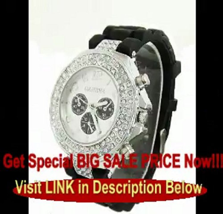Geneva Women's Black Silicone Designer Faux Chronograph Watch with Baguette CZ Stones Bezel For Sale