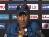 Sri Lankan captain speaks to reporters after semi-final win against Pakistan, WT20, 2012