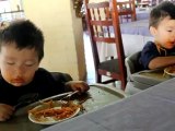 Aj and Mj 22 month old twins falling asleep while eating