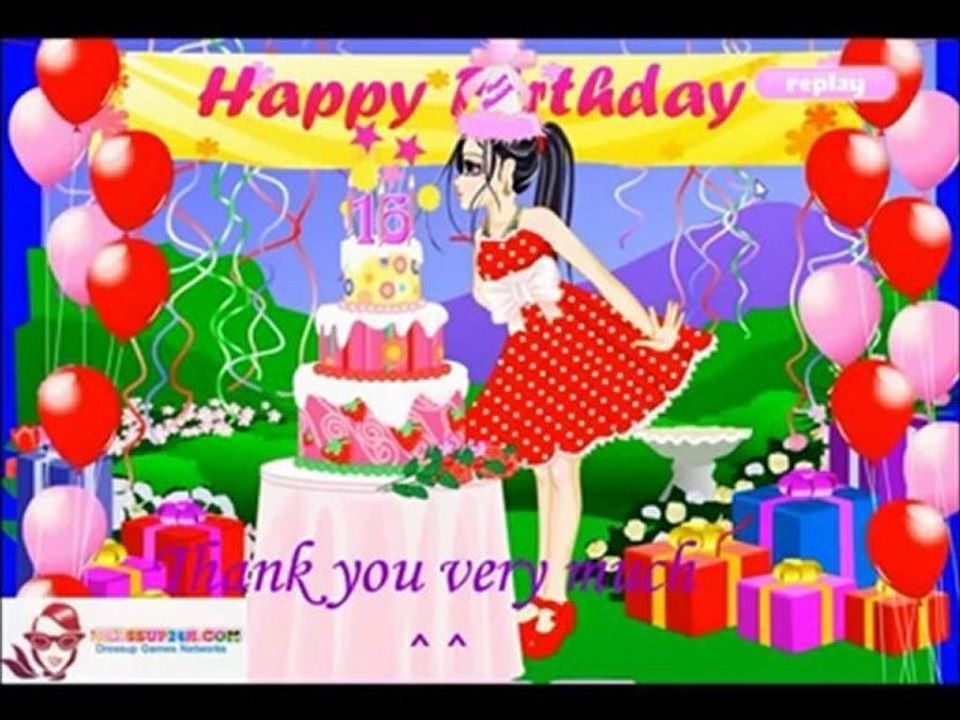 Happy Birthday with a nice birthday dress and birthday cake