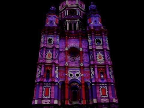 spectacle jeu de lumière Tour Abbatiale de Saint Amand les Eaux.