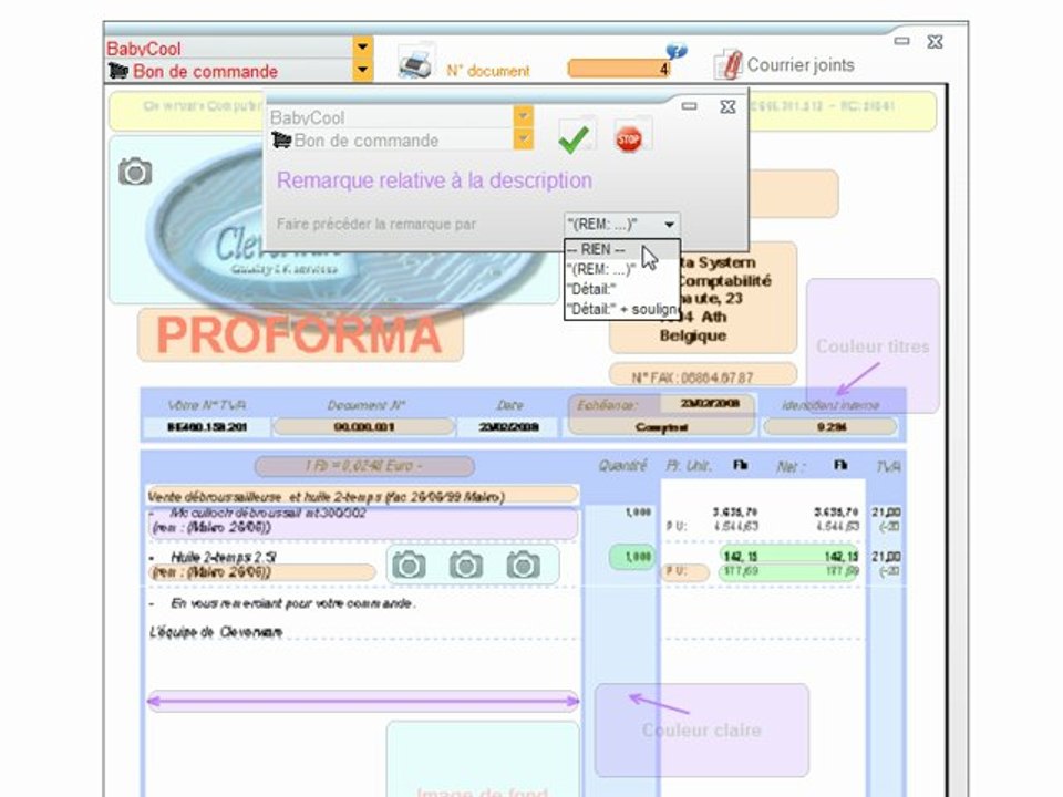 Documents - Optimizze: Remarque de description articles - Apparence en détail - ERP - v16