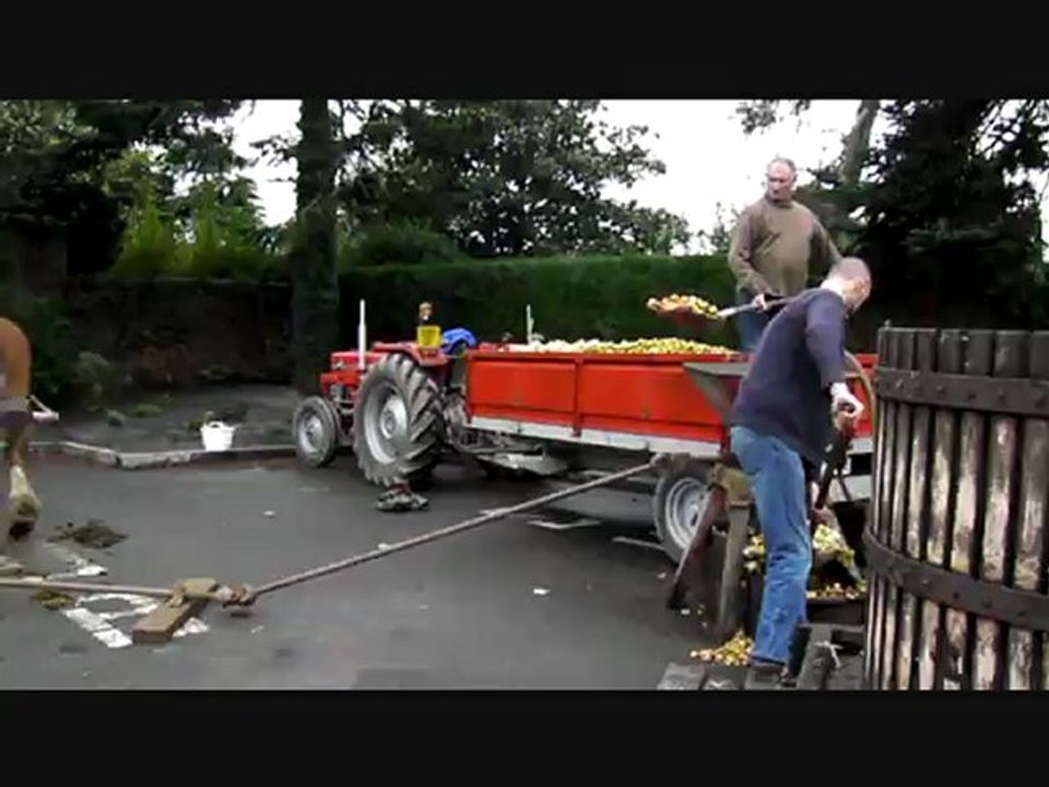 12-10-21 Fabrication du cidre à l'ancienne : grugeoir entraîné par des chevaux grâce à un système d'engrenage