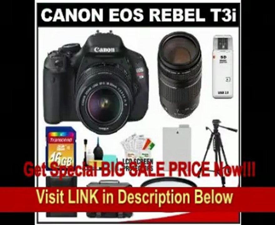 Canon EOS Rebel T3i 18.0 MP Digital SLR Camera Body & EF-S 18-55mm IS II Lens with 75-300mm III Lens + 16GB Card + Battery + Case + (2) Filters + Tripod + Cleaning Kit