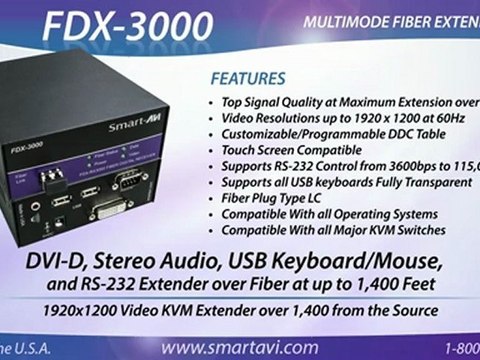 DVI-D, Stereo Audio, USB Keyboard/Mouse, and RS-232 Extender over Fiber at up to 1,400 Feet