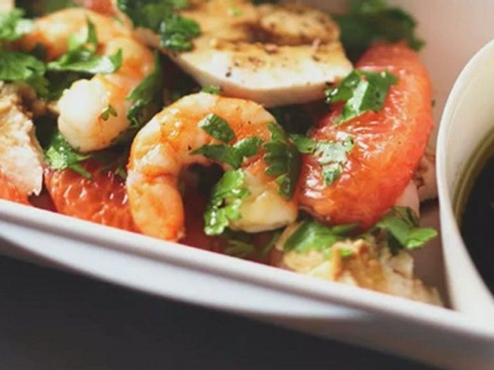 Bien déjeuner dans ma boîte - Salade poulet et crevettes au pamplemousse