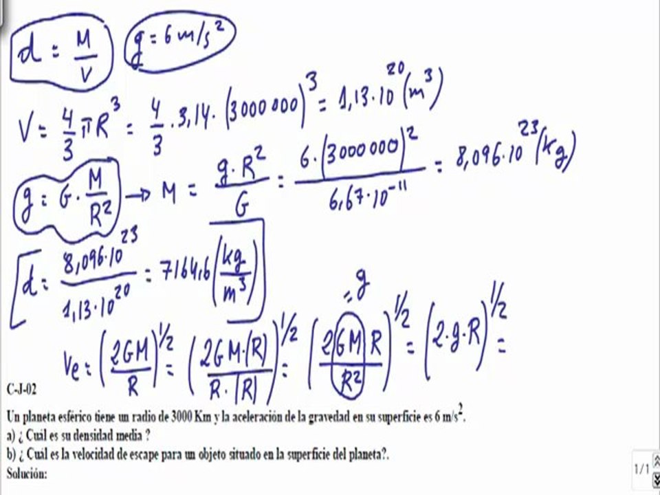 Campo gravitatorio 2º Bachillerato ejercicio 1
