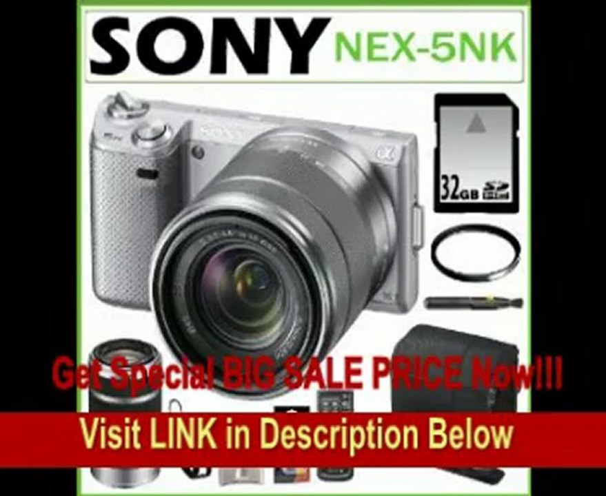 Sony NEX-5NK/S 16.1MP Compact Interchangeable Lens Digital Camera in Silver with 18-55mm Lens + Sony SEL55210 E-Mount 55-210mm F4.5-6.3 Lens + 32GB SDHC Accessory Kit FOR SALE