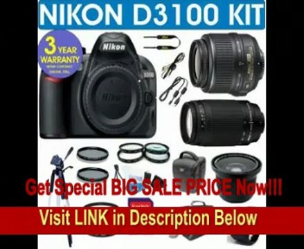 SPECIAL DISCOUNT Nikon D3100 Digital Camera + Nikon 18-55 VR Zoom Lens + Nikon 70-300 Telephoto Zoom Lens + .40x Super Wide Angle Fisheye Lens + 2x Telephoto Lens + 4 Piece Macro Kit + 16GB Memory Card + 3 Year Celltime Warranty