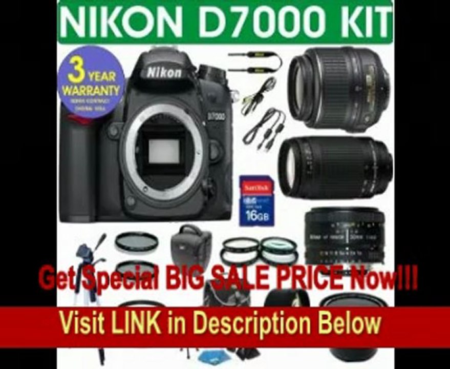 Nikon D7000 Digital Camera + Nikon 18-55 VR Zoom Lens + Nikon 70-300 Telephoto Zoom Lens + Nikon 50mm Lens + .40x Super Wide Angle Fishe Fisheye Lens + 2x Telephoto Lens + 4 Piece Macro Kit + 16GB Memory Card + 3 Year Celltime Warranty FOR SALE