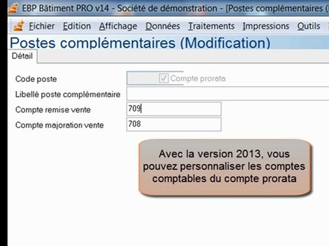 EBP Gamme Bâtiment Ajout de comptes comptables personnalisables dans le compte prorata