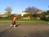 Basketball: Dribbling between the legs and shot.