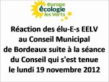 Réaction des élu-E-s EELV  au Conseil Municipal de Bordeaux  du lundi 19 novembre 2012