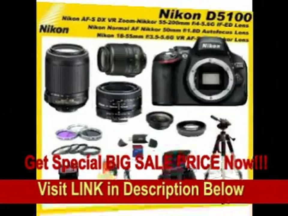 [REVIEW] Nikon D5100 16.2MP CMOS Digital SLR Camera with 3-inch Vari-Angle LCD Monitor Triple Lens Sports Package with Nikon 18-55mm VR Lens & Nikon 55-200VR Lens & Nikkor 50mm f/1.8D Manual Focus Lens with SS