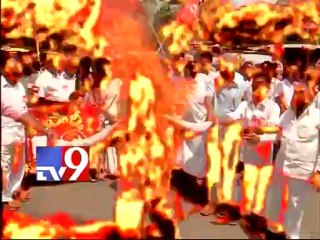 Protestors clothes catch fire during effigy burning