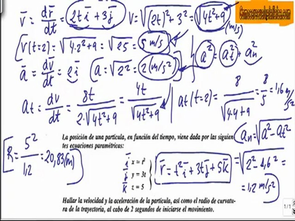 Problema resuelto de cinematica (16) calcular vector velocidad aceleracion y radio curvatura