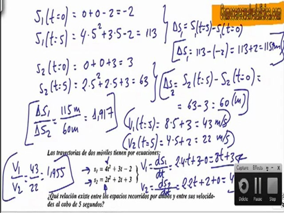 Problema resuelto de cinematica (11) calcular espacio recorrido y velocidad de dos moviles