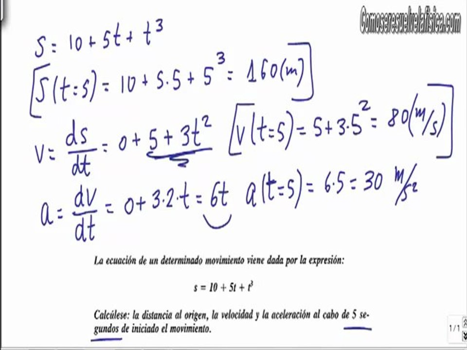 Problema resuelto de cinematica (4) calcular distancia velocidad y aceleracion