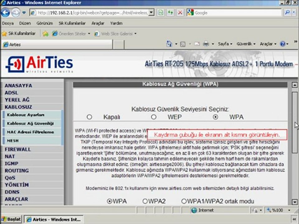 Airties RT 205 Kablosuz Baglantı Ayarları
