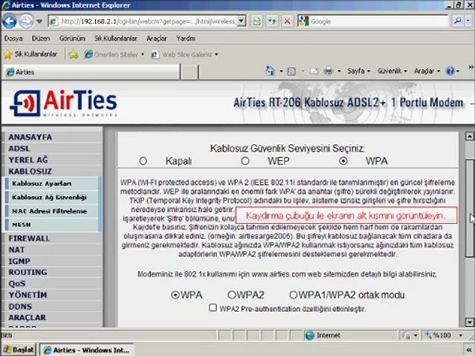 Airties RT-206 Kablosuz Bağlantı Ayarları