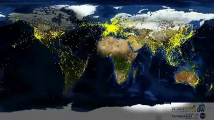 CADA PONTINHO AMARELO É UM AVIÃO EM VIAGEM ... REPARA NA DESLOCAÇÃO DA TERRA E AS MUDANÇAS DE FUSO HORÁRIO E RESPECTIVAS DIFERENÇAS DE PERÍODO DIURNO E NOCTURNO