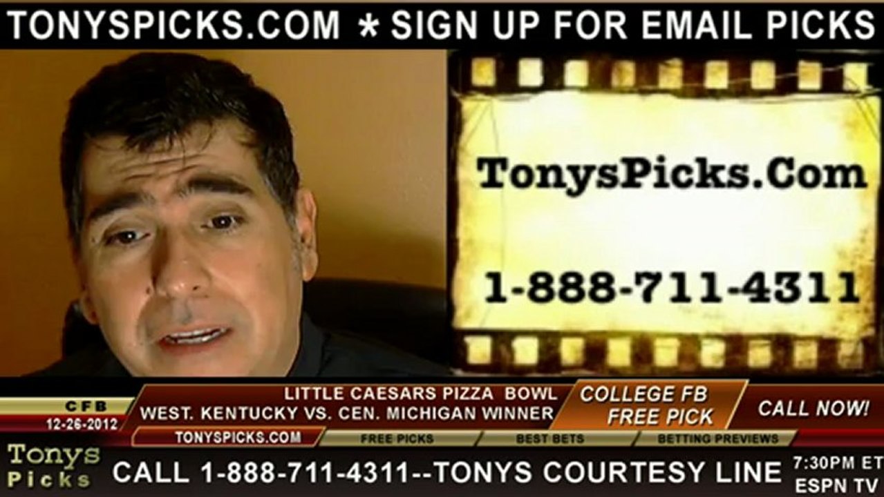 Central Michigan Chippewas versus Western Kentucky Hilltoppers Pick Prediction Little Caesars Pizza Bowl NCAA College Football 12-26-2012