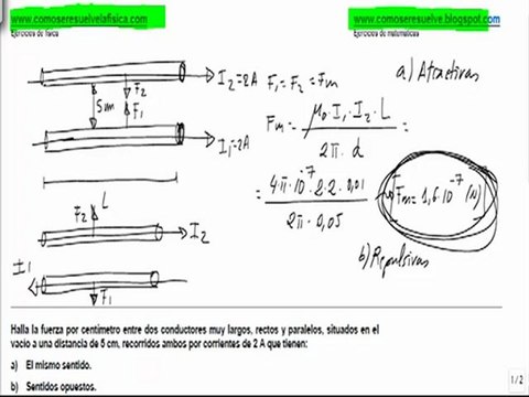 Fisica campo magnetico fuerza en dos conductores paralelos con corrientes